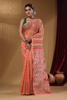 Peach Cotton Handwoven Jamdani Saree With Chevron Designs