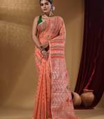 Peach Cotton Handwoven Jamdani Saree With Chevron Designs