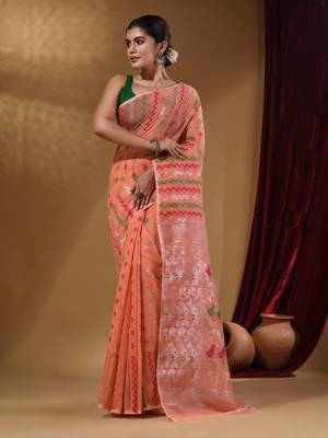 Peach Cotton Handwoven Jamdani Saree With Chevron Designs 2
