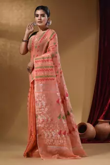 Peach Cotton Handwoven Jamdani Saree With Chevron Designs