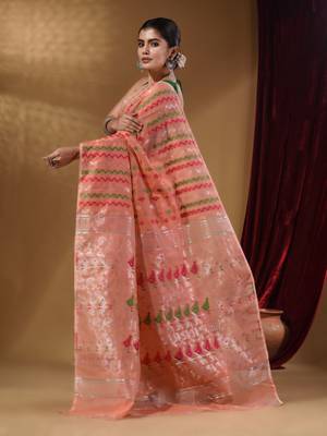 Peach Cotton Handwoven Jamdani Saree With Chevron Designs 4