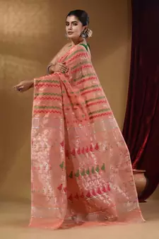 Peach Cotton Handwoven Jamdani Saree With Chevron Designs