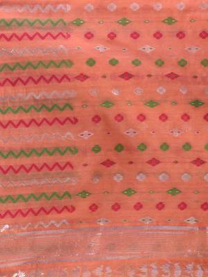 Peach Cotton Handwoven Jamdani Saree With Chevron Designs 5
