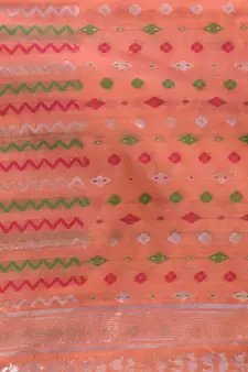Peach Cotton Handwoven Jamdani Saree With Chevron Designs