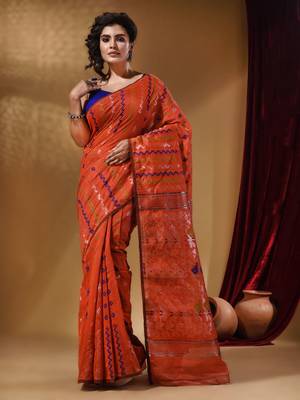 Orange Cotton Handwoven Jamdani Saree With Chevron Designs 1