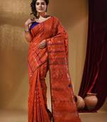 Orange Cotton Handwoven Jamdani Saree With Chevron Designs