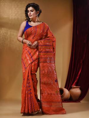 Orange Cotton Handwoven Jamdani Saree With Chevron Designs 2