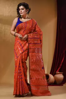 Orange Cotton Handwoven Jamdani Saree With Chevron Designs