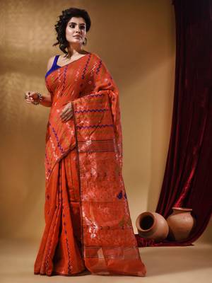 Orange Cotton Handwoven Jamdani Saree With Chevron Designs 3