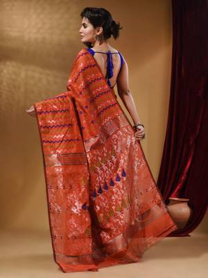 Orange Cotton Handwoven Jamdani Saree With Chevron Designs 4