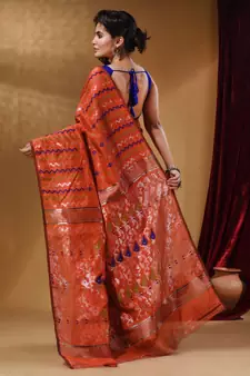 Orange Cotton Handwoven Jamdani Saree With Chevron Designs