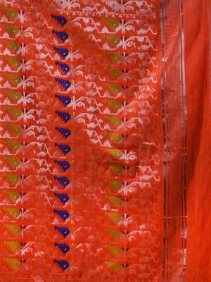 Orange Cotton Handwoven Jamdani Saree With Chevron Designs 5