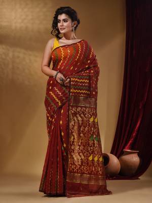 Brick Red Cotton Handwoven Jamdani Saree With Chevron Designs 1