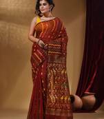 Brick Red Cotton Handwoven Jamdani Saree With Chevron Designs