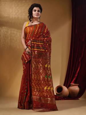 Brick Red Cotton Handwoven Jamdani Saree With Chevron Designs 2