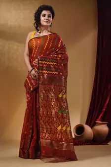 Brick Red Cotton Handwoven Jamdani Saree With Chevron Designs
