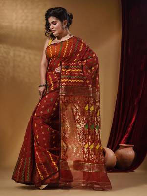 Brick Red Cotton Handwoven Jamdani Saree With Chevron Designs 3