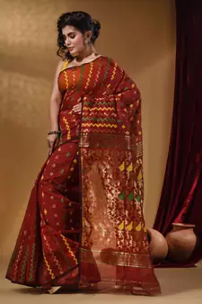 Brick Red Cotton Handwoven Jamdani Saree With Chevron Designs