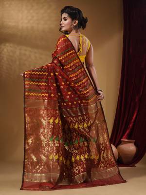 Brick Red Cotton Handwoven Jamdani Saree With Chevron Designs 4
