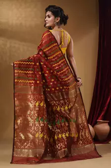 Brick Red Cotton Handwoven Jamdani Saree With Chevron Designs
