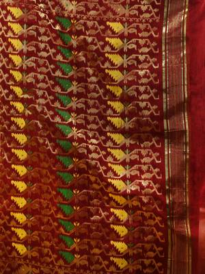 Brick Red Cotton Handwoven Jamdani Saree With Chevron Designs 5