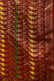 Brick Red Cotton Handwoven Jamdani Saree With Chevron Designs