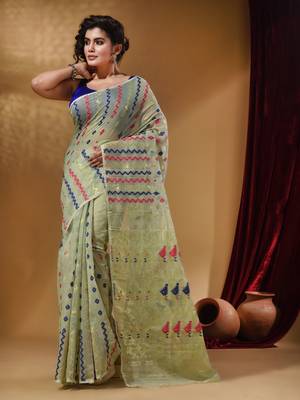 Tea Green Cotton Handwoven Jamdani Saree With Chevron Designs 1