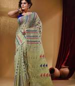 Tea Green Cotton Handwoven Jamdani Saree With Chevron Designs
