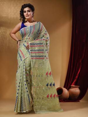 Tea Green Cotton Handwoven Jamdani Saree With Chevron Designs 2