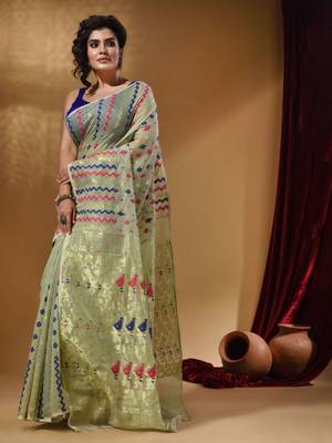 Tea Green Cotton Handwoven Jamdani Saree With Chevron Designs 3