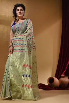 Tea Green Cotton Handwoven Jamdani Saree With Chevron Designs