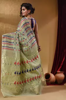 Tea Green Cotton Handwoven Jamdani Saree With Chevron Designs