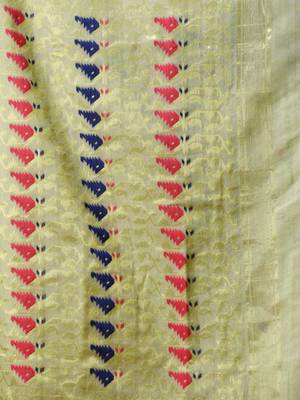 Tea Green Cotton Handwoven Jamdani Saree With Chevron Designs 5