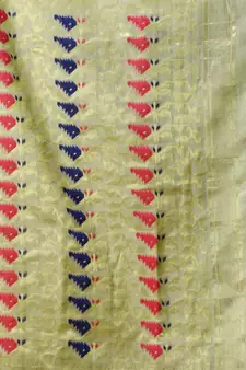 Tea Green Cotton Handwoven Jamdani Saree With Chevron Designs