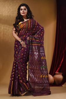 Purple Cotton Handwoven Jamdani Saree With Chevron Designs