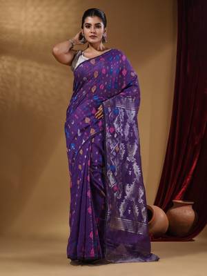 Violet Cotton Handwoven Jamdani Saree With Multicolor Woven Designs And Motifs 1