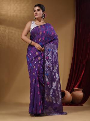 Violet Cotton Handwoven Jamdani Saree With Multicolor Woven Designs And Motifs 2