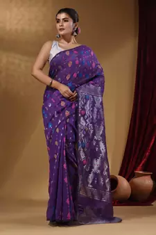 Violet Cotton Handwoven Jamdani Saree With Multicolor Woven Designs And Motifs