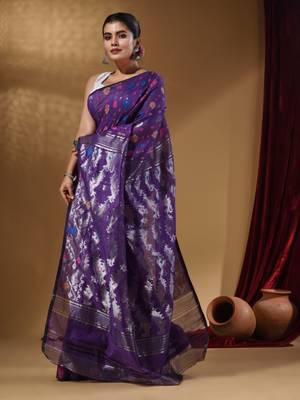 Violet Cotton Handwoven Jamdani Saree With Multicolor Woven Designs And Motifs 3