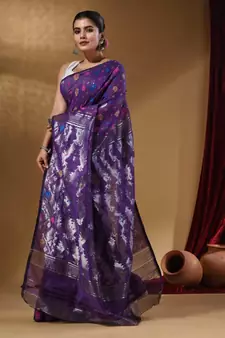 Violet Cotton Handwoven Jamdani Saree With Multicolor Woven Designs And Motifs