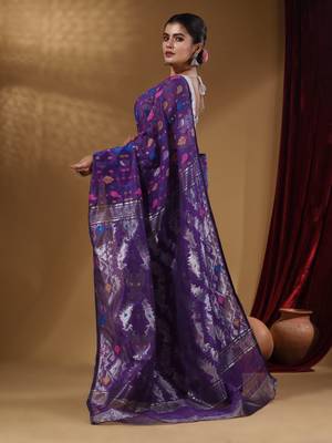 Violet Cotton Handwoven Jamdani Saree With Multicolor Woven Designs And Motifs 4