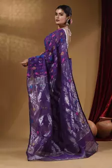 Violet Cotton Handwoven Jamdani Saree With Multicolor Woven Designs And Motifs