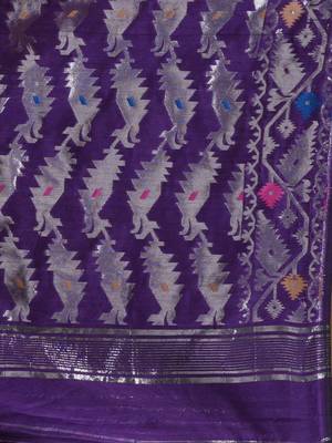 Violet Cotton Handwoven Jamdani Saree With Multicolor Woven Designs And Motifs 5