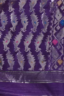 Violet Cotton Handwoven Jamdani Saree With Multicolor Woven Designs And Motifs