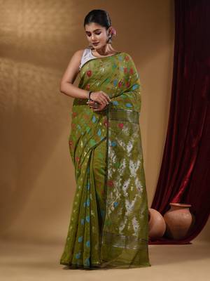 Sap Green Cotton Handwoven Jamdani Saree With Multicolor Woven Designs And Motifs 1