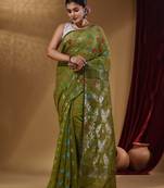 Sap Green Cotton Handwoven Jamdani Saree With Multicolor Woven Designs And Motifs
