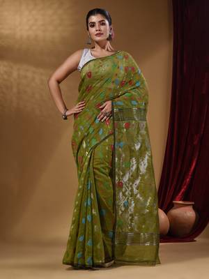Sap Green Cotton Handwoven Jamdani Saree With Multicolor Woven Designs And Motifs 2