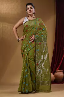 Sap Green Cotton Handwoven Jamdani Saree With Multicolor Woven Designs And Motifs