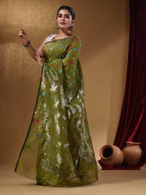 Sap Green Cotton Handwoven Jamdani Saree With Multicolor Woven Designs And Motifs 3