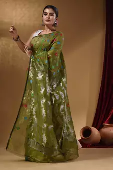 Sap Green Cotton Handwoven Jamdani Saree With Multicolor Woven Designs And Motifs